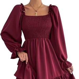 SheIn Women's Shirred Ruffle Long Flounce Sleeve Mini A Line Dress Square Neck H